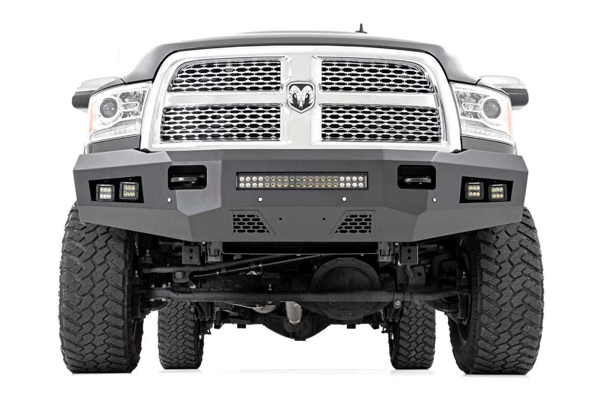 Ram 3500 Front Bumper - Rough Country - LED with 4 LED Cubes and 20in LED Light Bar - Flat Black - '11-'18